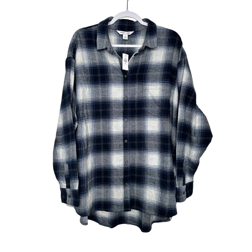 Old Navy The Boyfriend Shirt 2X Plus Navy Buffalo Check Plaid Flannel Cotton